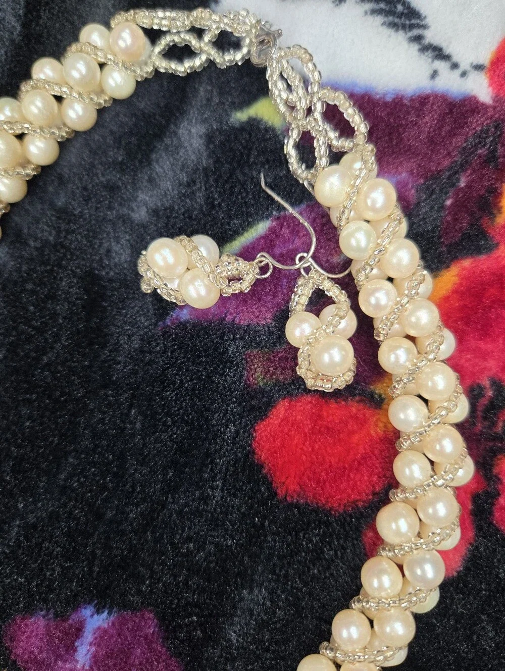 Natural Pearl Twisted Woven Beaded Necklace & Earrings Set/ 925 Sterling Silver